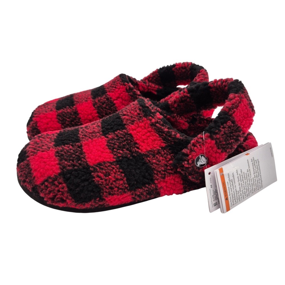 Crocs Classic Fuzzy Cozzzy Slippers Women's Size 8 Shoes Buffalo Check Red Black